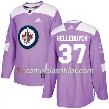 Camisola Winnipeg Jets Connor Hellebuyck 37 Adidas 2017-2018 Roxo Fights Cancer Practice Authentic - Homem